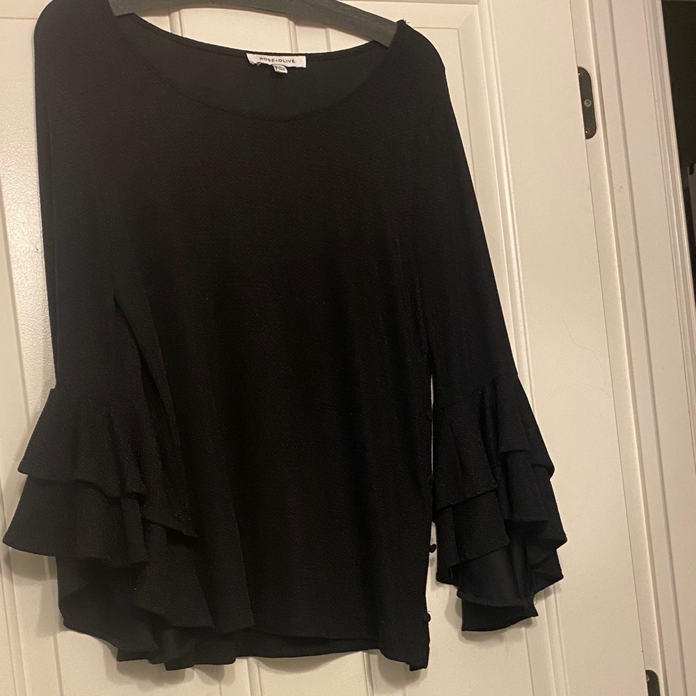 Rose & Olive Black Flounce Sleeve Blouse